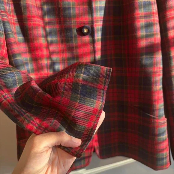 Vintage Pendleton Preppy Wool Plaid Red Blue Velvet Twee Jacket Medium - Large - Picture 8 of 13